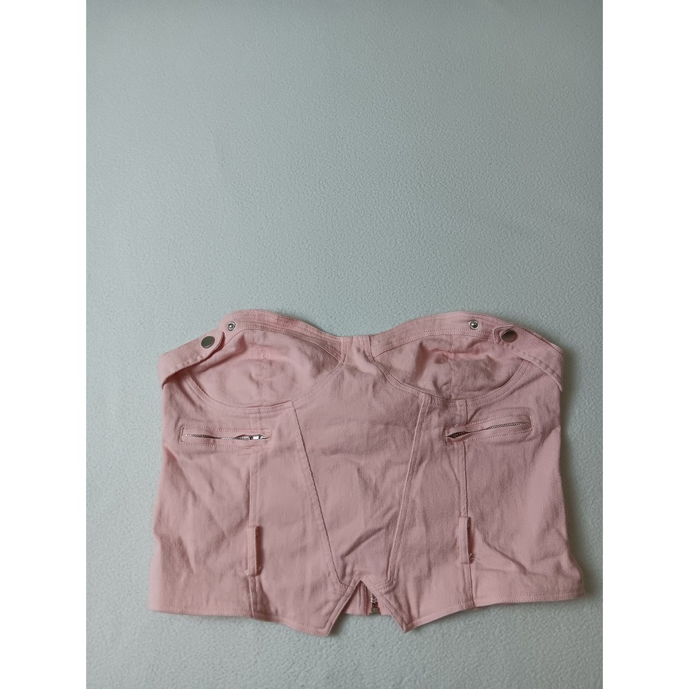 PrettyLittleThing Pink Denim Corset Top Strapless Zip Back Sweetheart Neck US 10